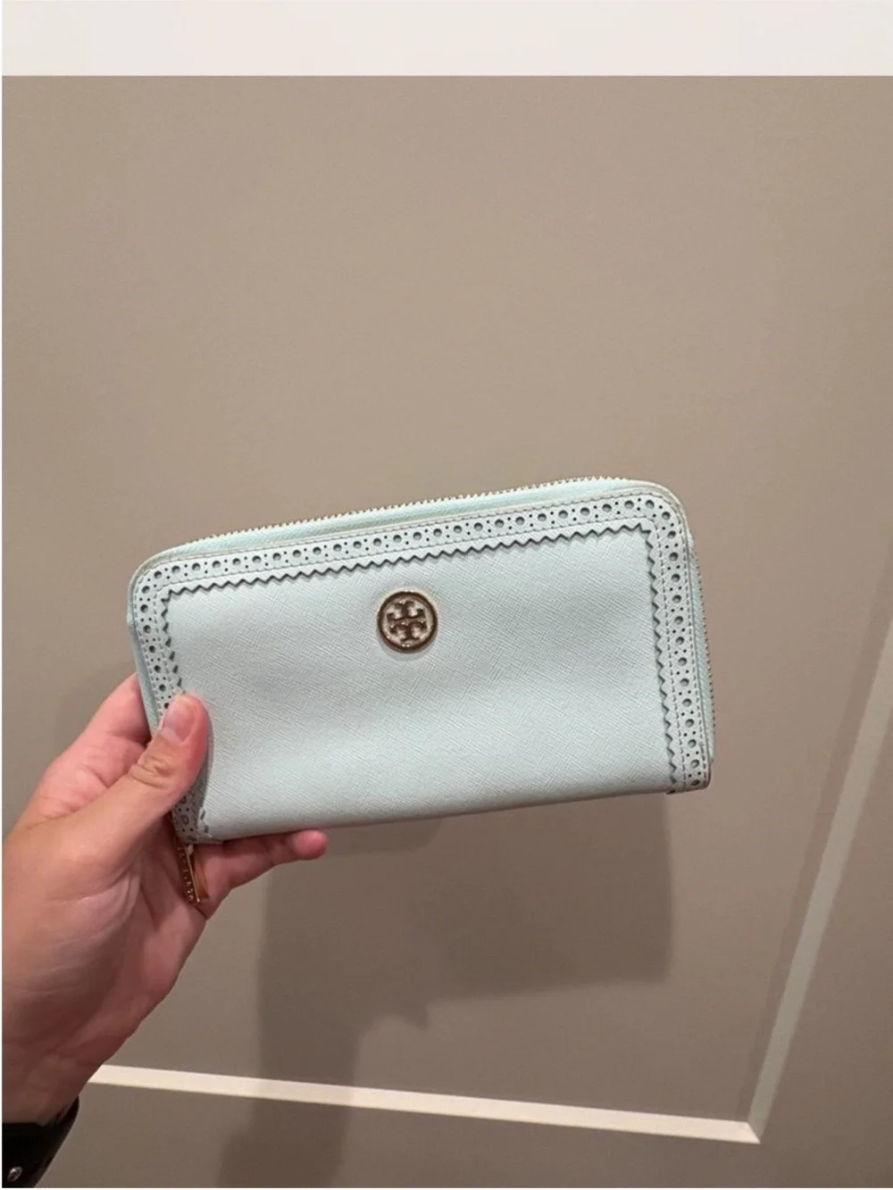 Tory Burch Light Blue Zip Card Case Wallet with Logo